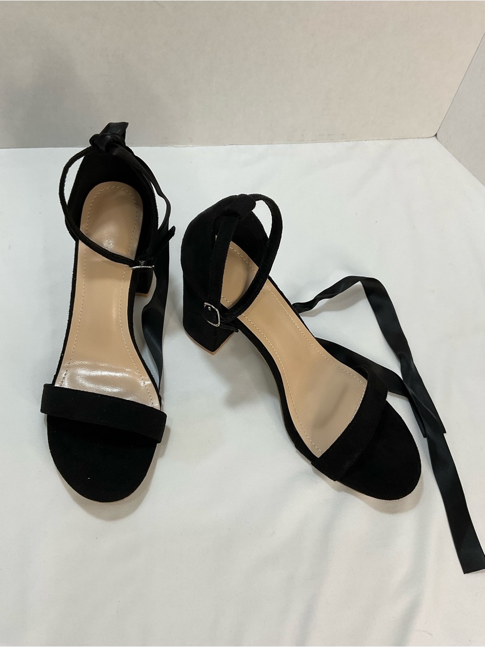 European Culture Black Suede Ankle-Tie Block Heel Sandals